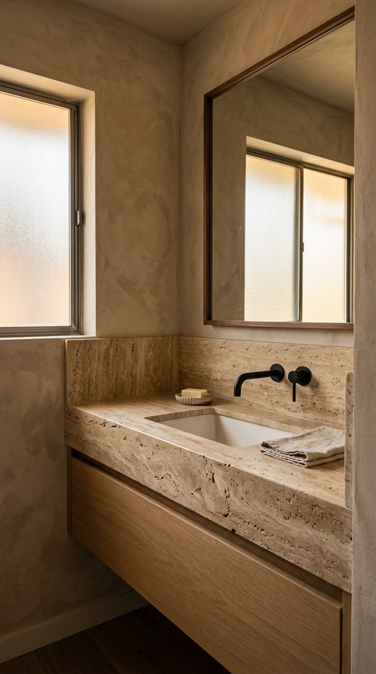 Vein-cut travertine vanity countertop with matte black wall-mounted faucet