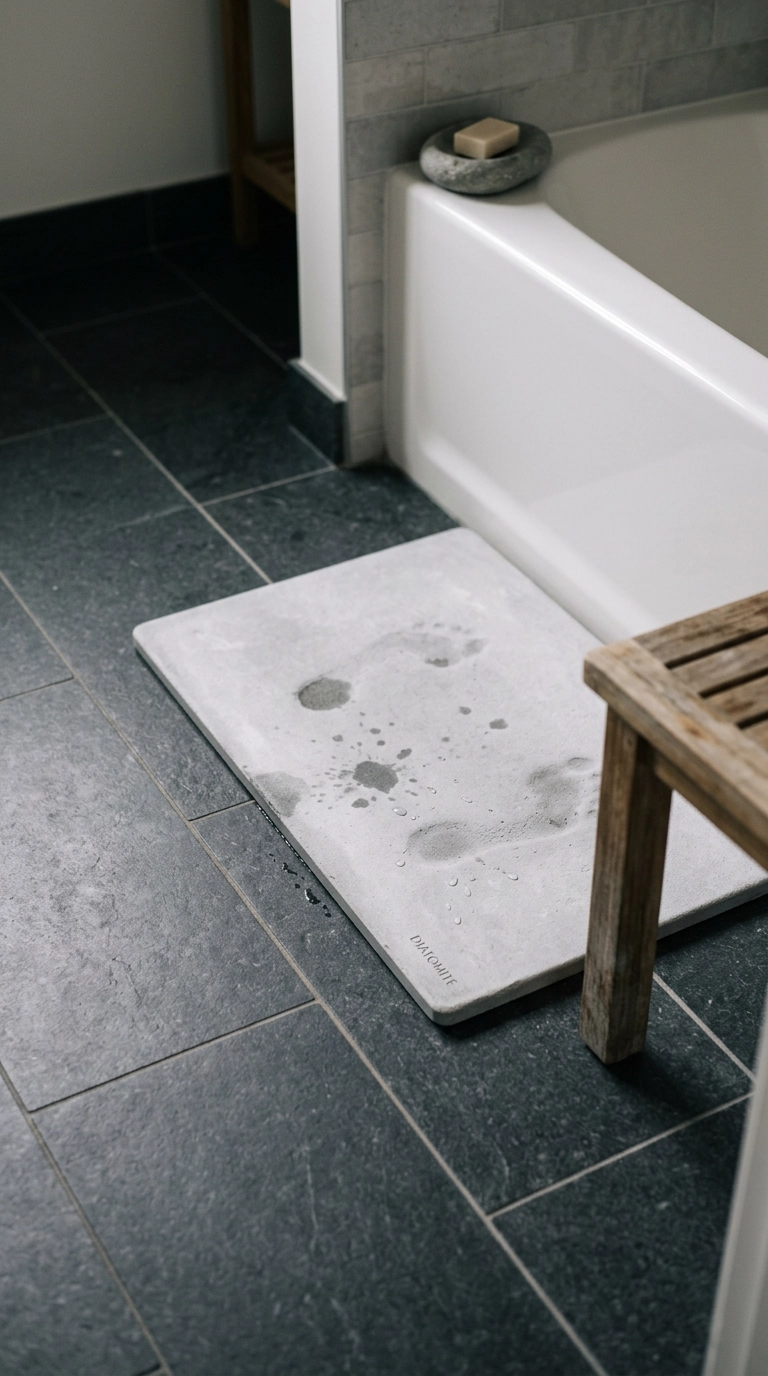 Pale diatomaceous stone bath mat on honed charcoal stone bathroom floor tile