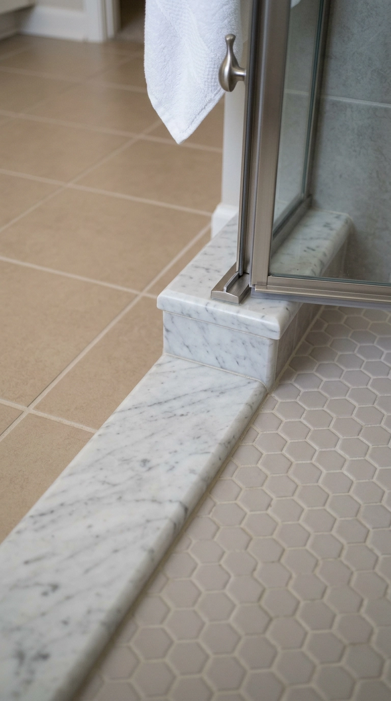 Honed Carrara marble threshold and shower curb cap detail in a small bathroom