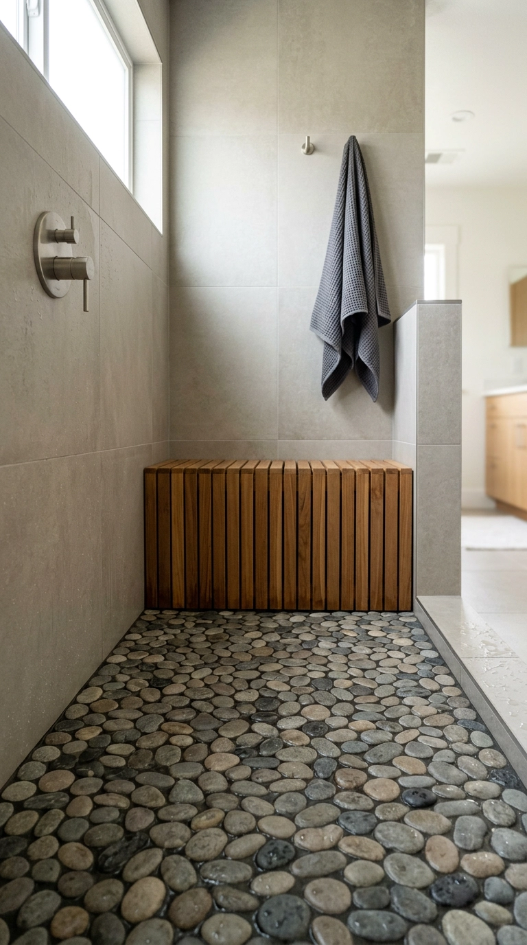 River pebble stone shower floor with teak bench in a curbless walk-in shower
