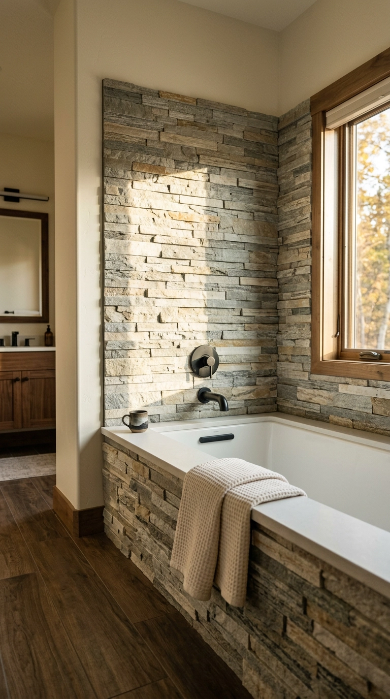 Stacked stone ledger panel tub surround with raking light highlighting the texture