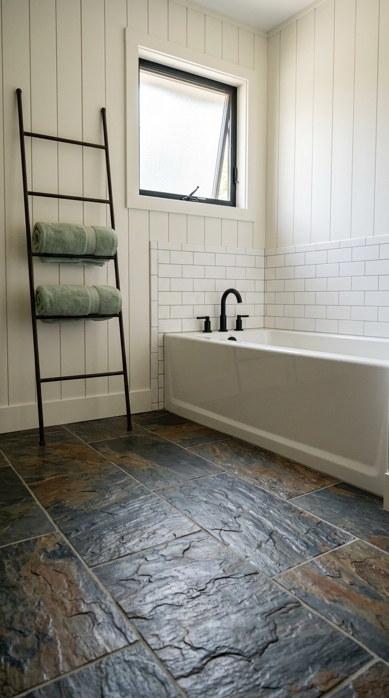 Riven cleft slate stone floor tile in charcoal and rust in a family bathroom