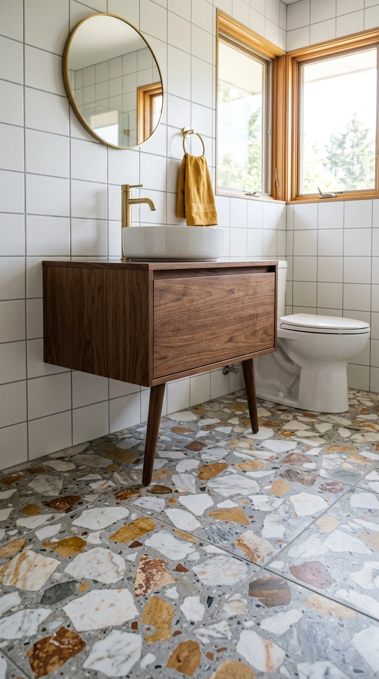 Terrazzo floor tile with marble stone chips in a mid-century guest bathroom