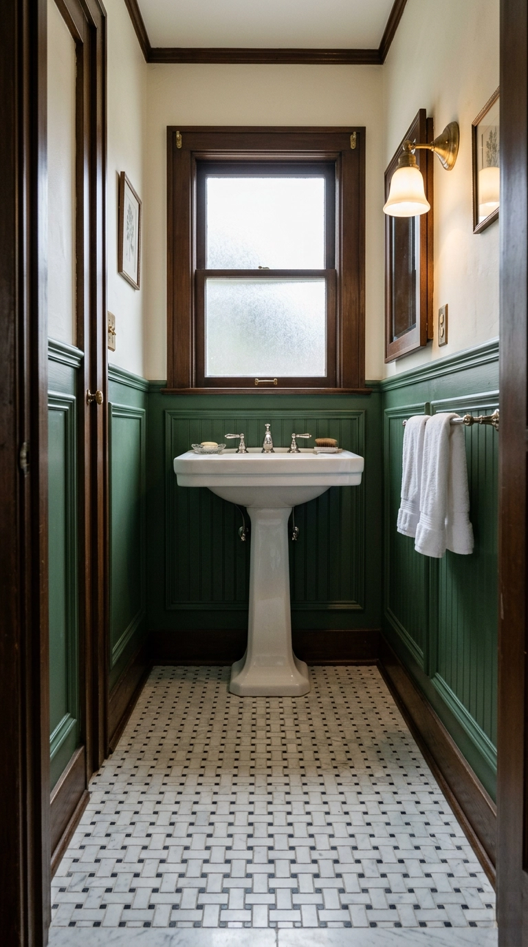 Honed marble basketweave stone mosaic floor in a green 1920s bathroom