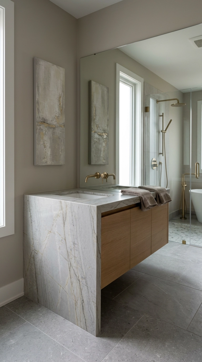 Waterfall-edge quartzite stone vanity with the slab running down to the floor