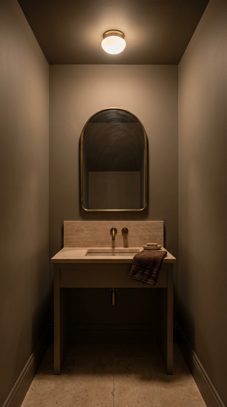 Powder room color-drenched in warm putty taupe matched to a travertine stone floor