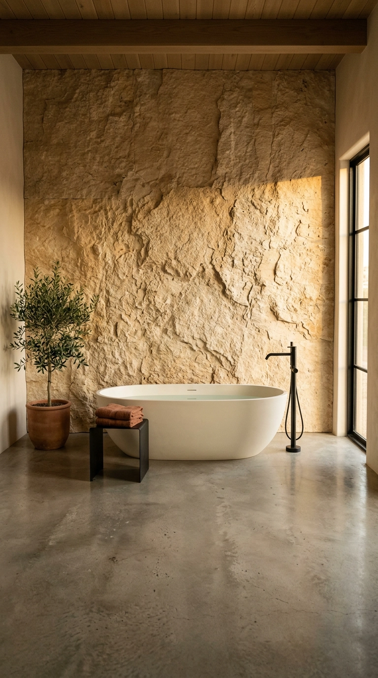 Split-face travertine stone feature wall behind a freestanding soaking tub