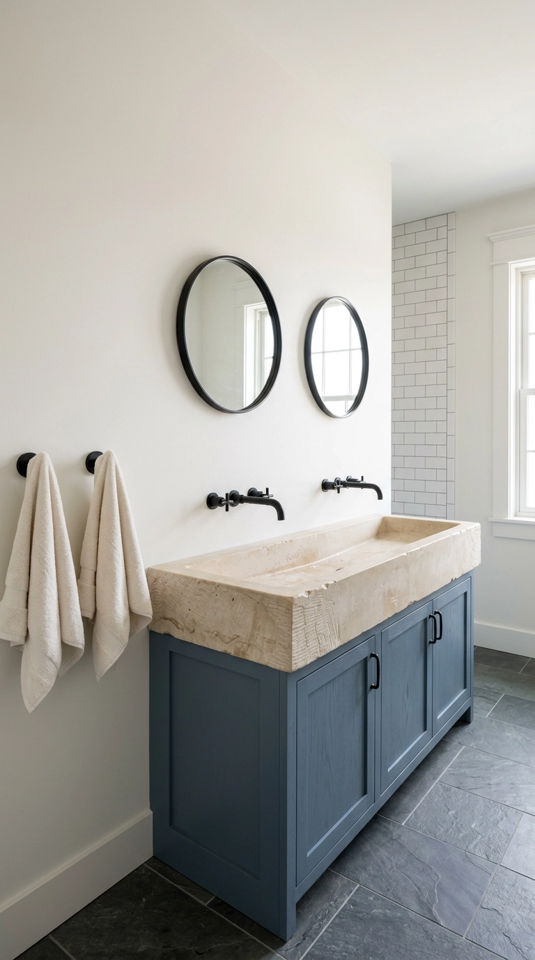 Solid carved limestone trough sink with two black wall-mounted faucets