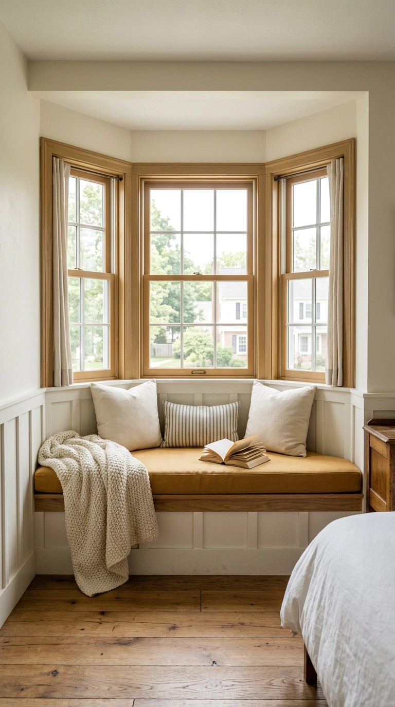 Golden ochre cushioned window seat in a white board and batten bedroom bay window