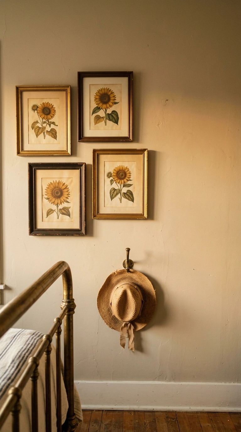 Cluster of four antique sunflower botanical prints in mismatched thrifted frames on a putty wall