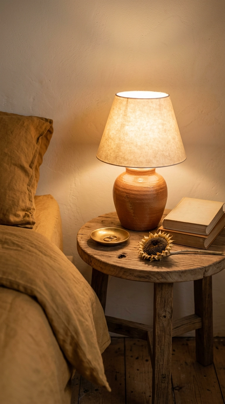 Terracotta lamp and gold ceramic dish styled on an elm nightstand with one dried sunflower head