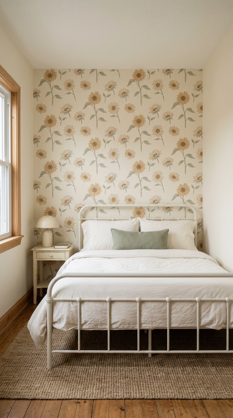 Sparse tossed sunflower peel and stick wallpaper on the bed wall of a small cream bedroom