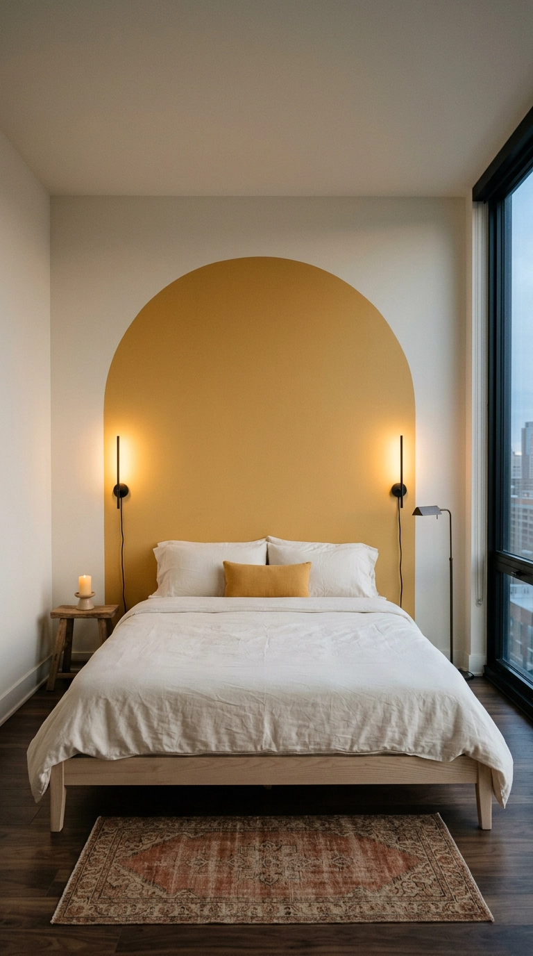 Muted ochre painted arch behind a low ash platform bed with two black wall sconces