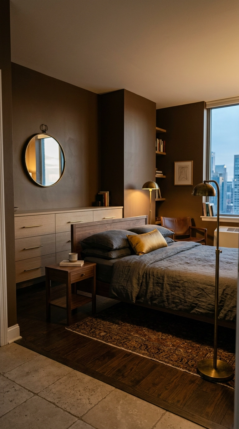 Brass hardware and gold accents in a bronze-brown bedroom with a walnut bed