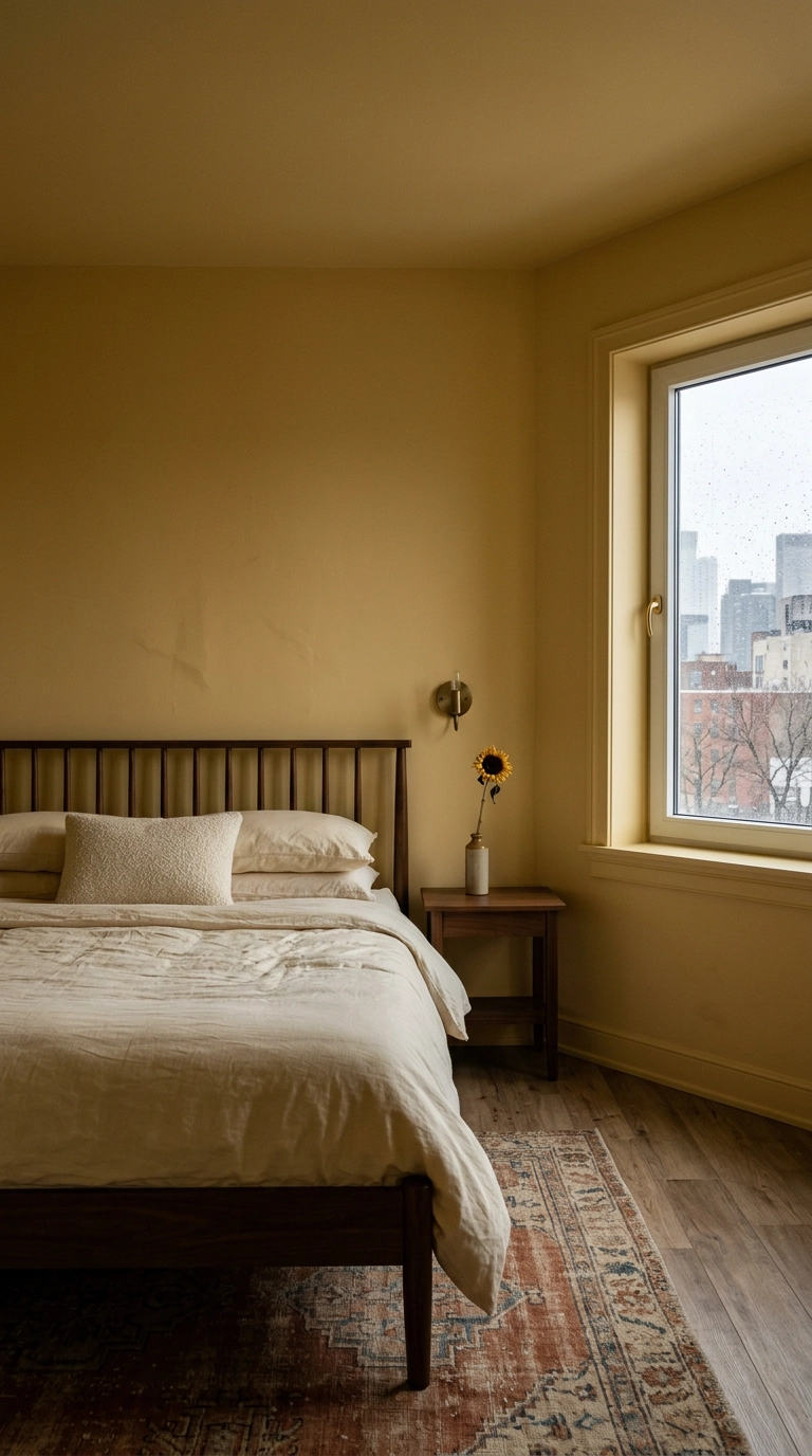 Ochre color drenched bedroom with walnut bed and one dried sunflower stem in a bud vase