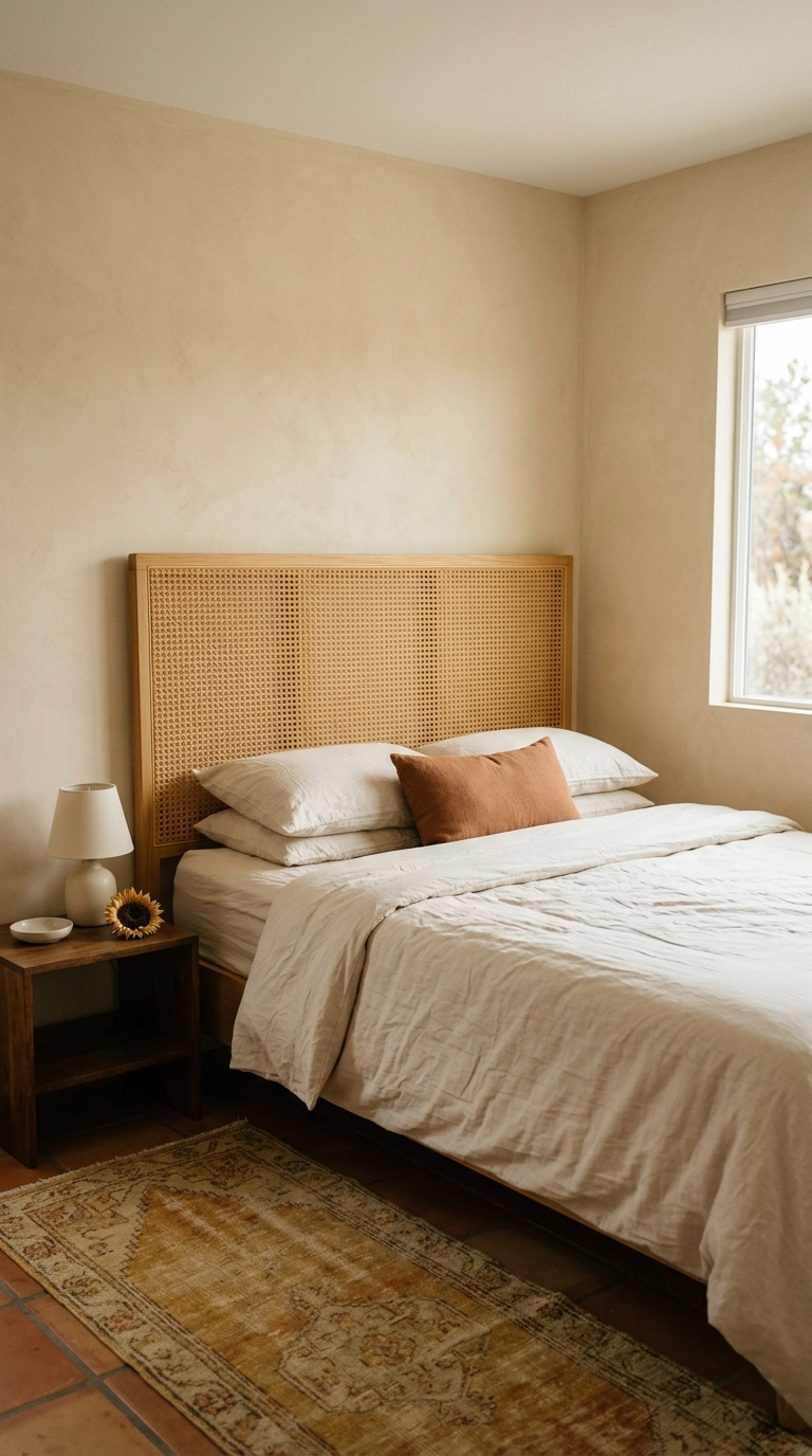 Honey-gold cane webbing headboard against pale wheat plaster walls in a small guest bedroom