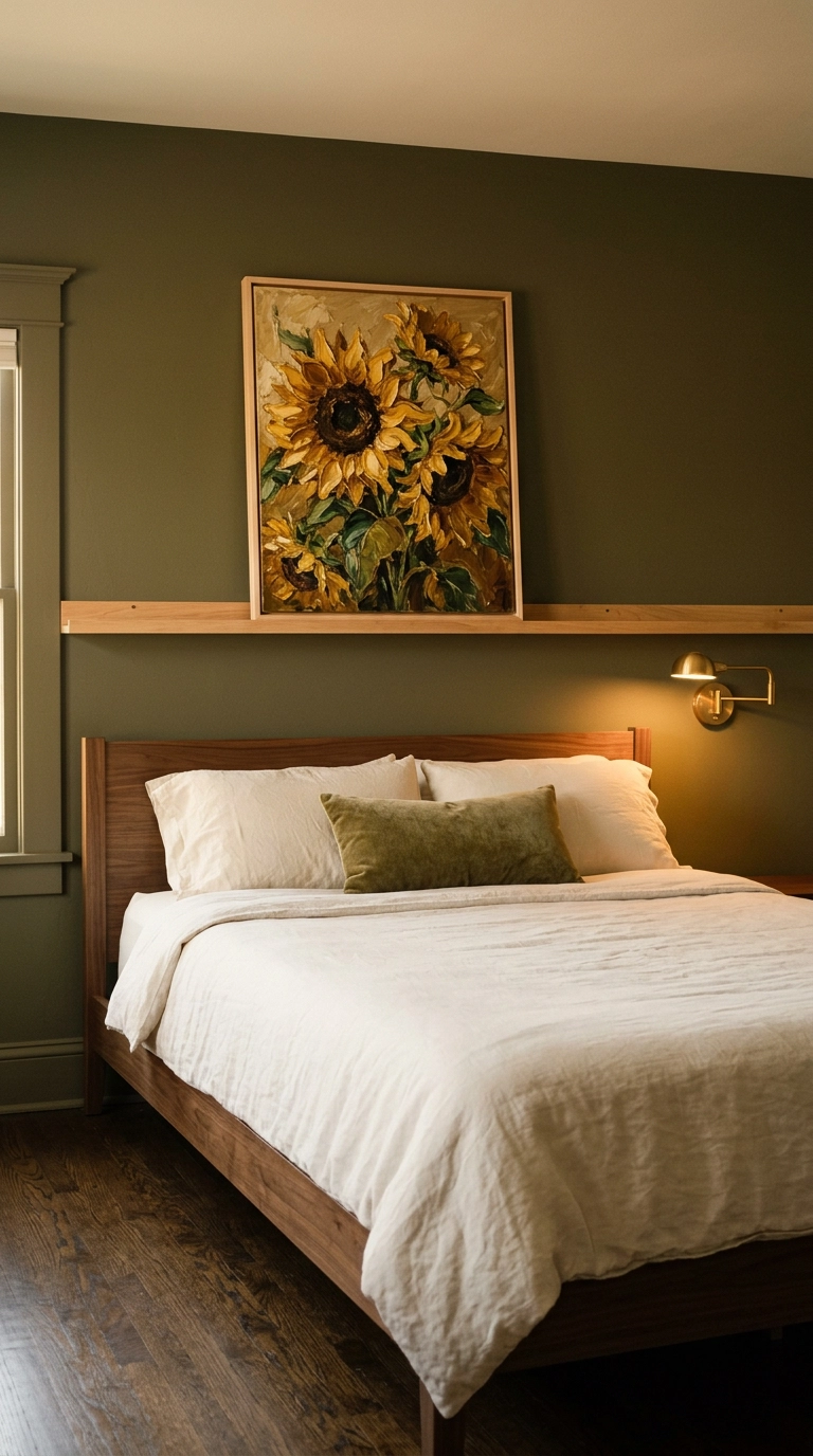 Impasto sunflower painting leaning on a picture ledge above a walnut bed with olive walls