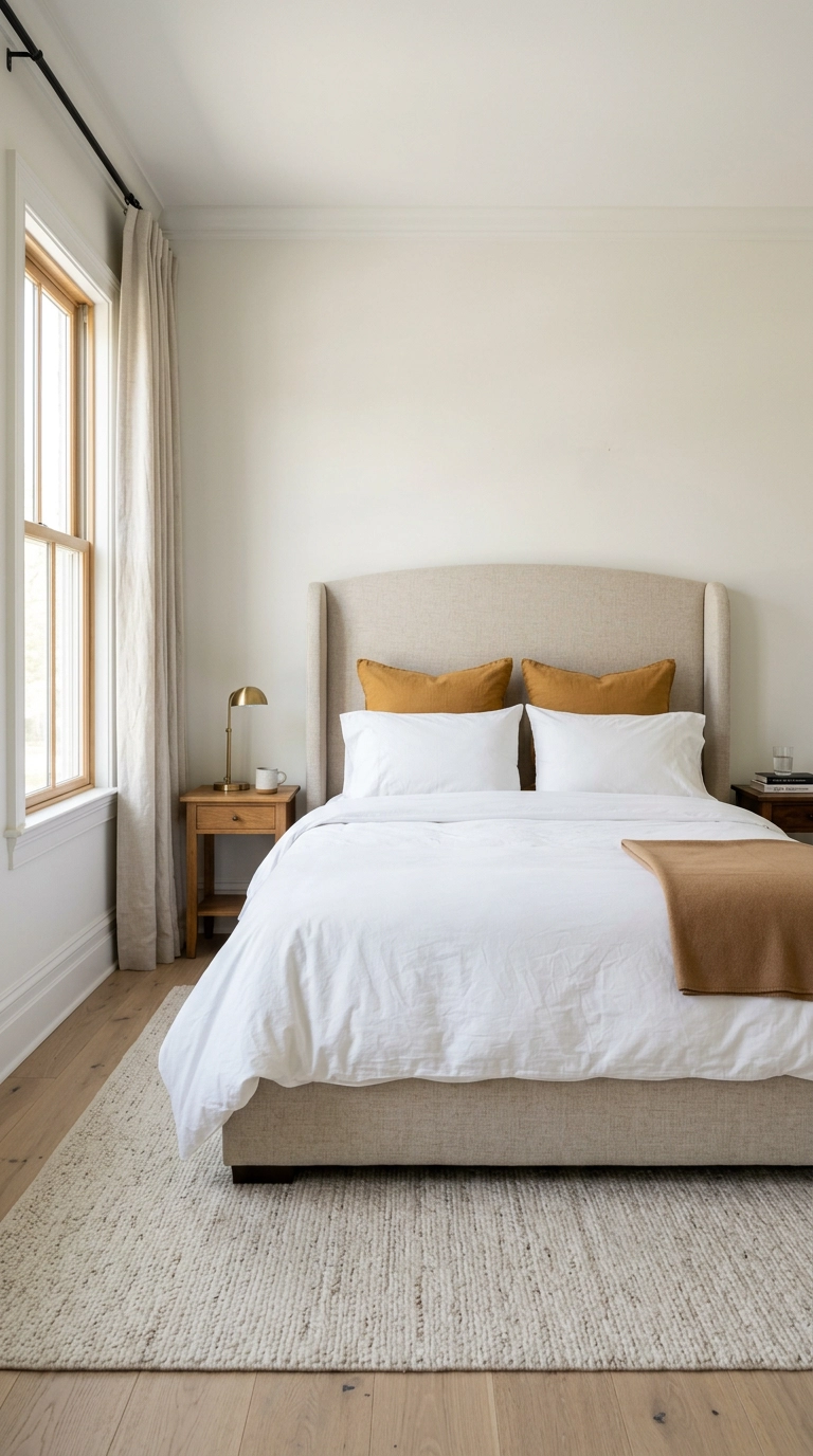 Two ochre linen euro shams against an arched oatmeal headboard over crisp white bedding