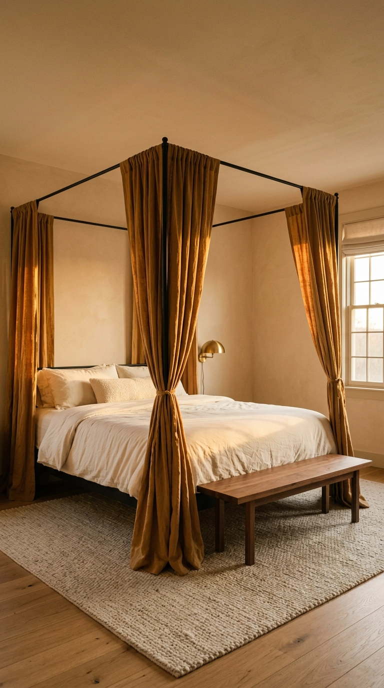 Black four-poster canopy bed draped with raw ochre linen panels in a warm plaster bedroom