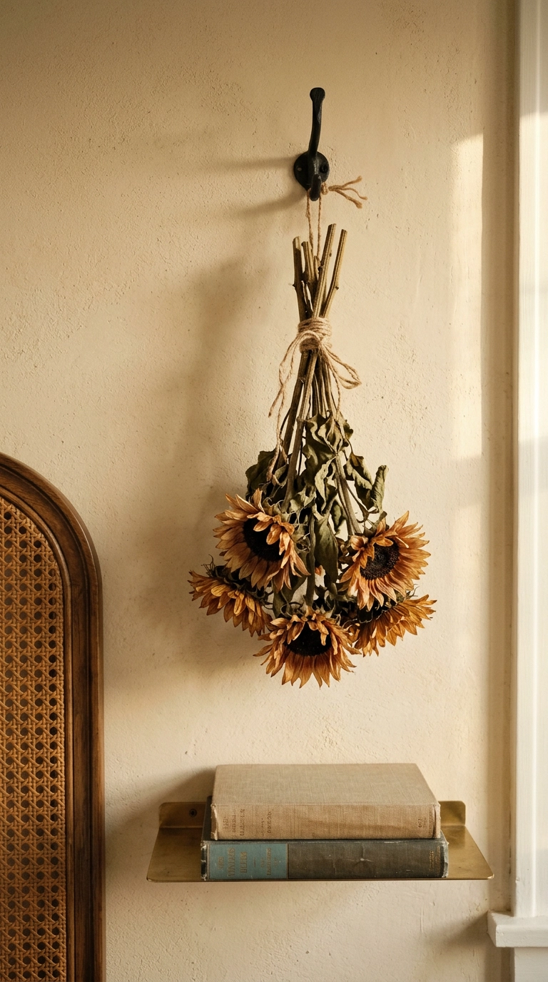 Dried sunflower bundle hung on a pale wheat limewash bedroom wall above a brass picture ledge