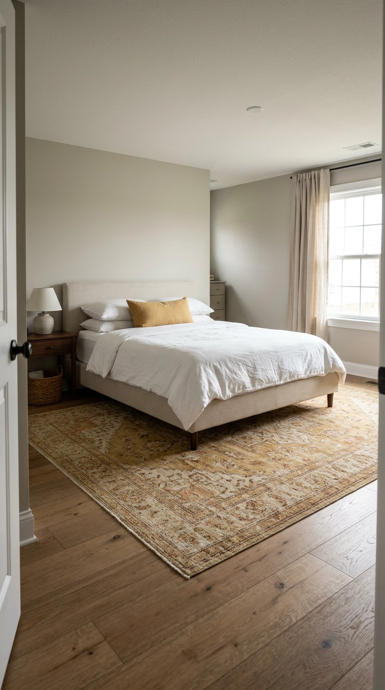 Sun-faded vintage Persian rug in gold and rust under an oatmeal upholstered bed