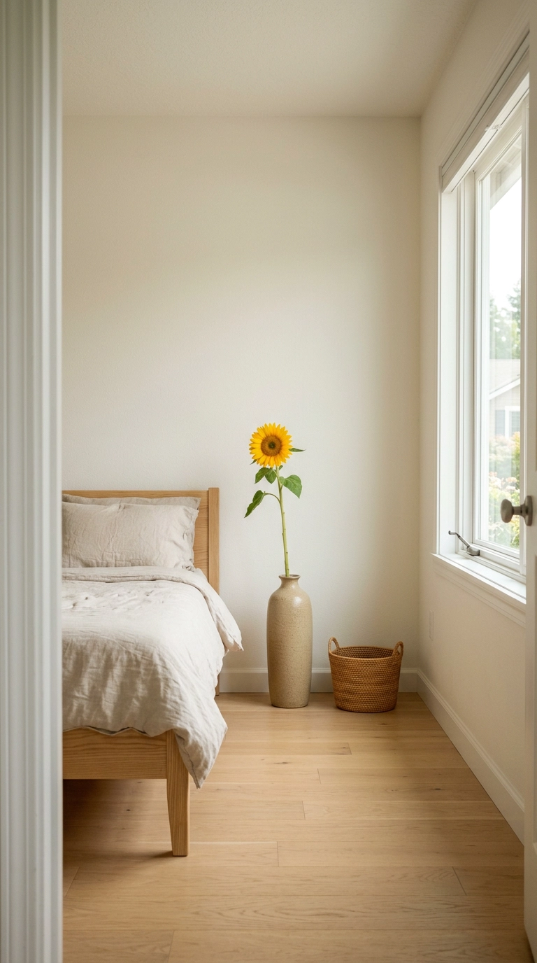Single sunflower stem in a tall sand-glazed floor vase in the corner of a bright bedroom