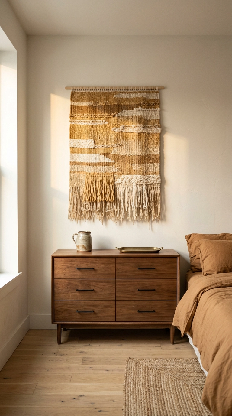 Wheat gold handwoven wall hanging above a walnut dresser in an oat-white bedroom