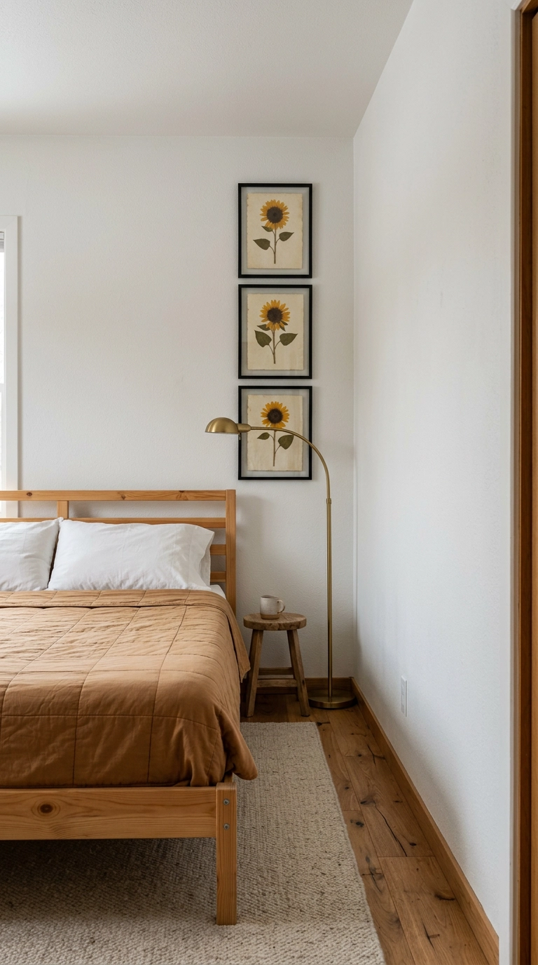 Three small framed pressed sunflower specimens stacked vertically beside a pine bed