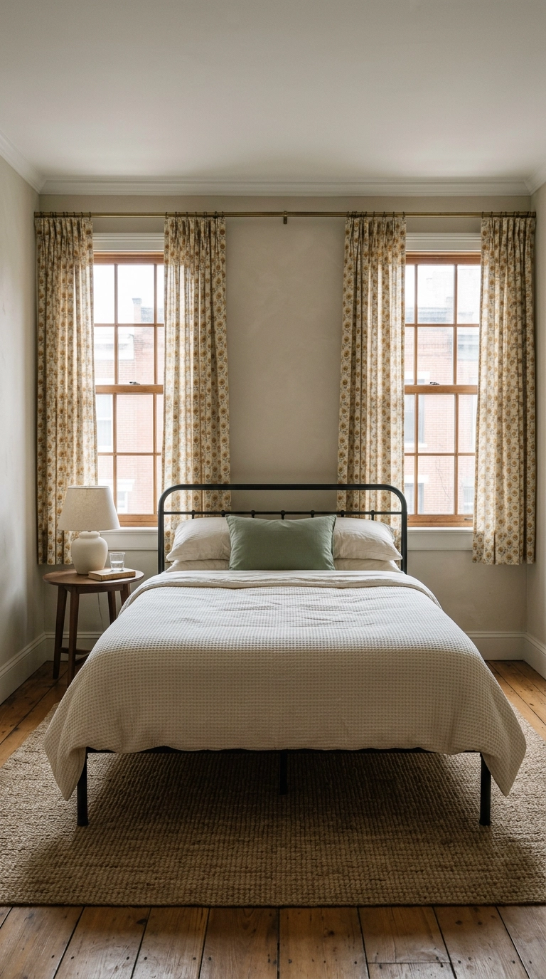 Faded small-scale sunflower print curtains hung high in a putty-colored cottage bedroom