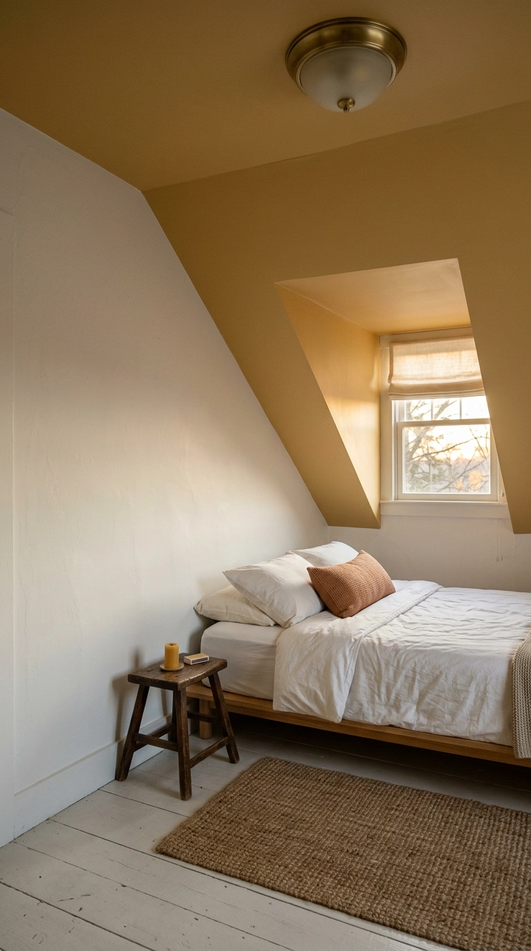 Attic bedroom with a warm ochre painted sloped ceiling above white walls and a low platform bed
