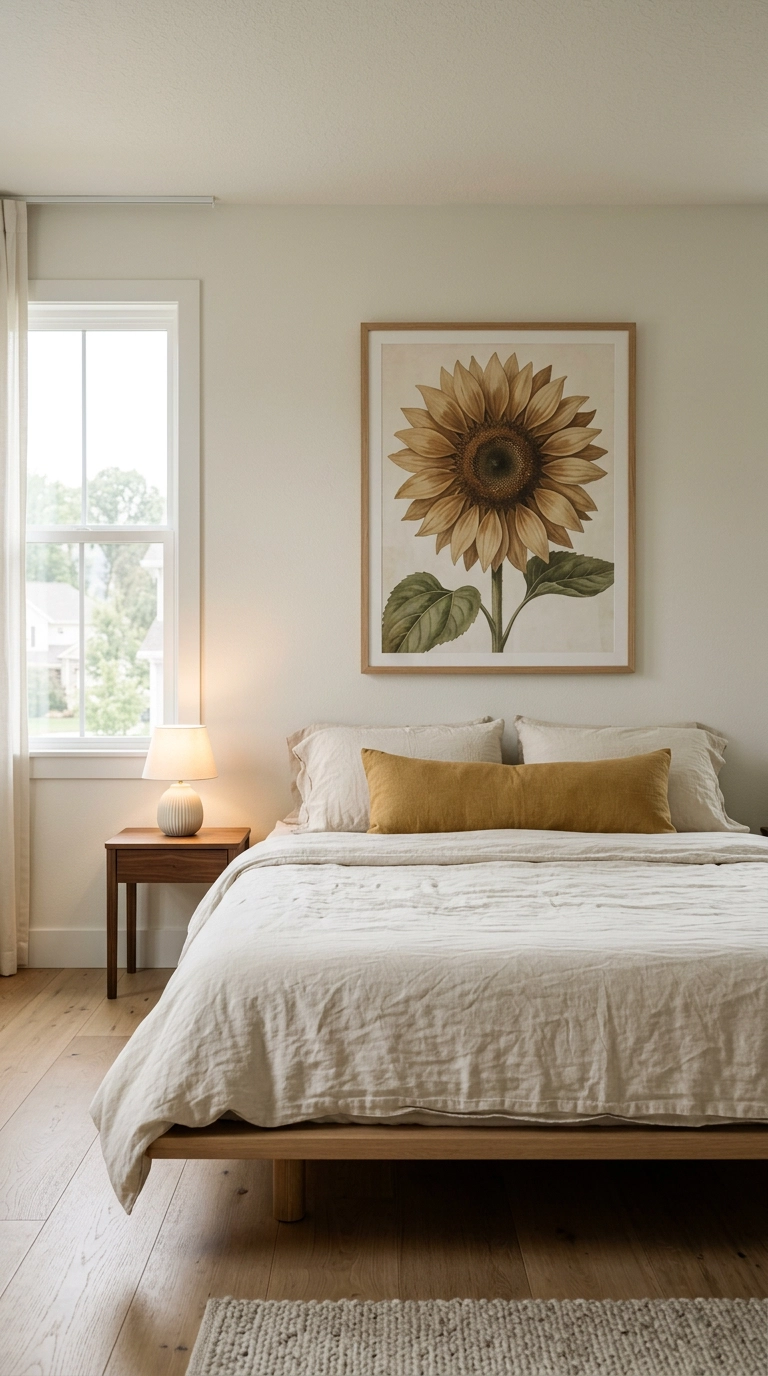 Sunflower bedroom decor with one large ochre botanical sunflower painting above a white oak bed
