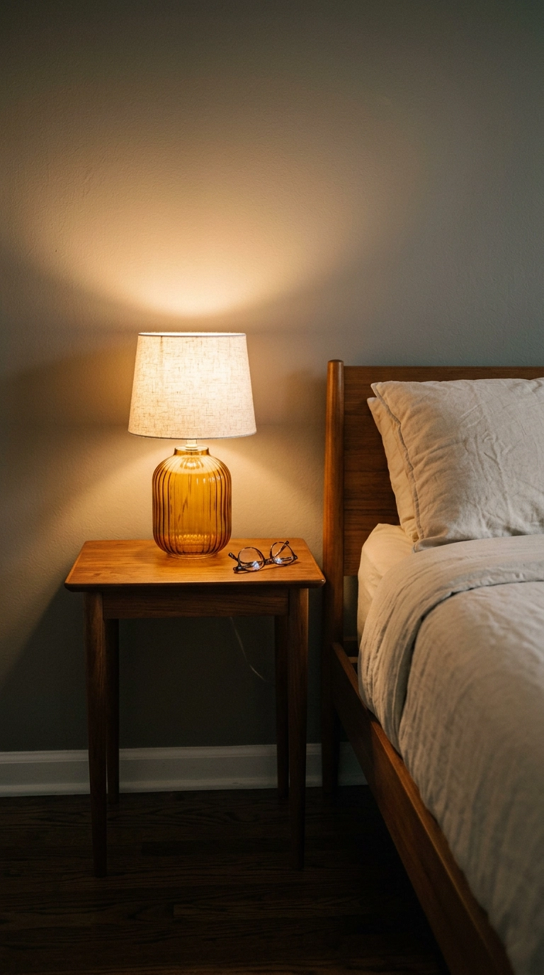 Ribbed amber glass table lamp glowing warm on a teak nightstand in a dim bedroom