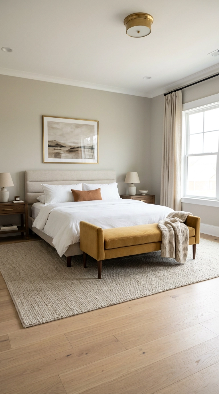 Mustard gold velvet bench at the foot of a linen bed in a greige bedroom