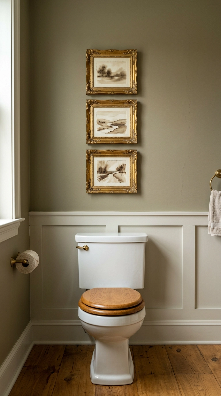 Three small gold-framed artworks hung above a toilet in a traditional powder room