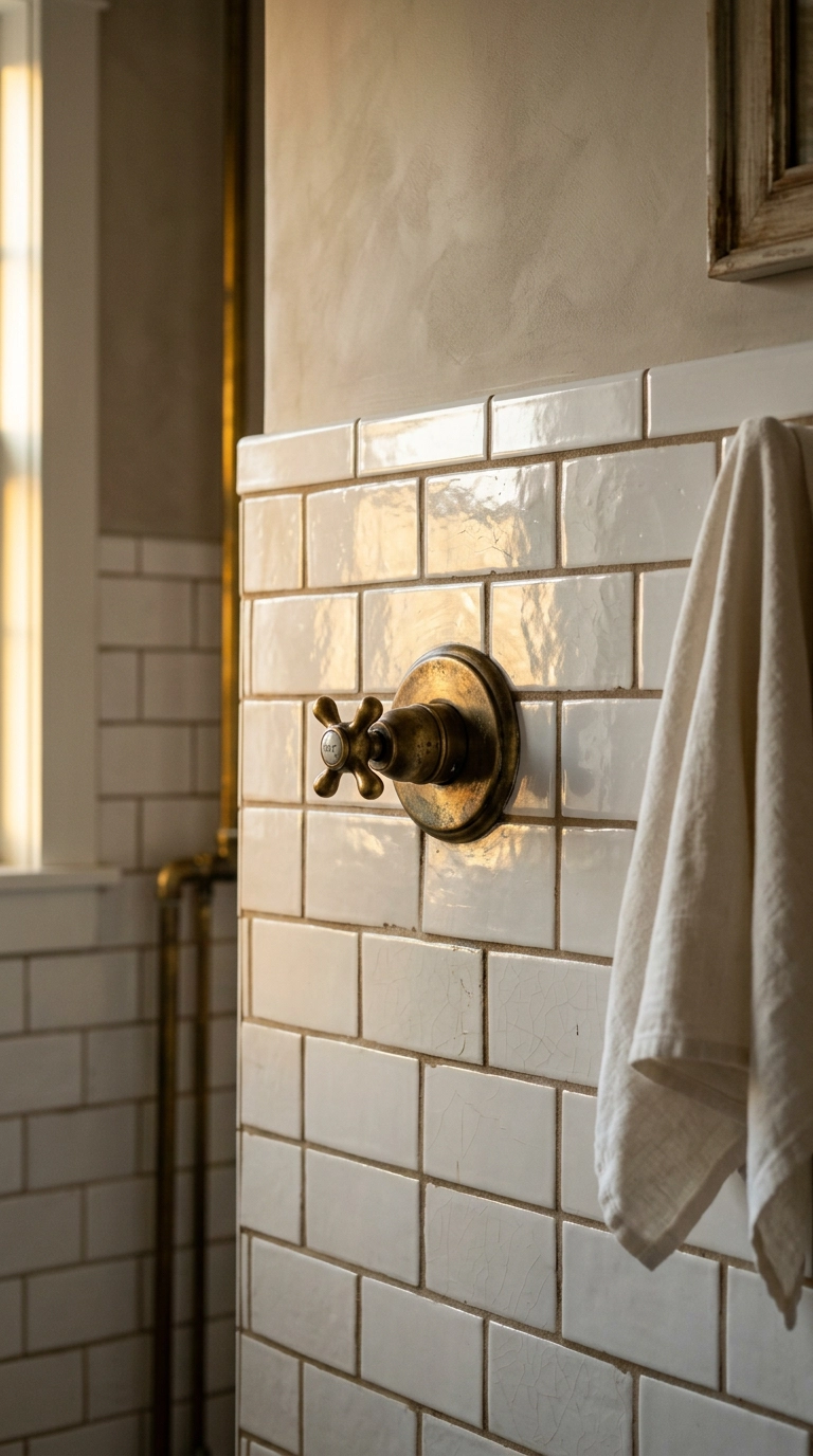 Close-up of white subway tile with greige grout and brass shower valve