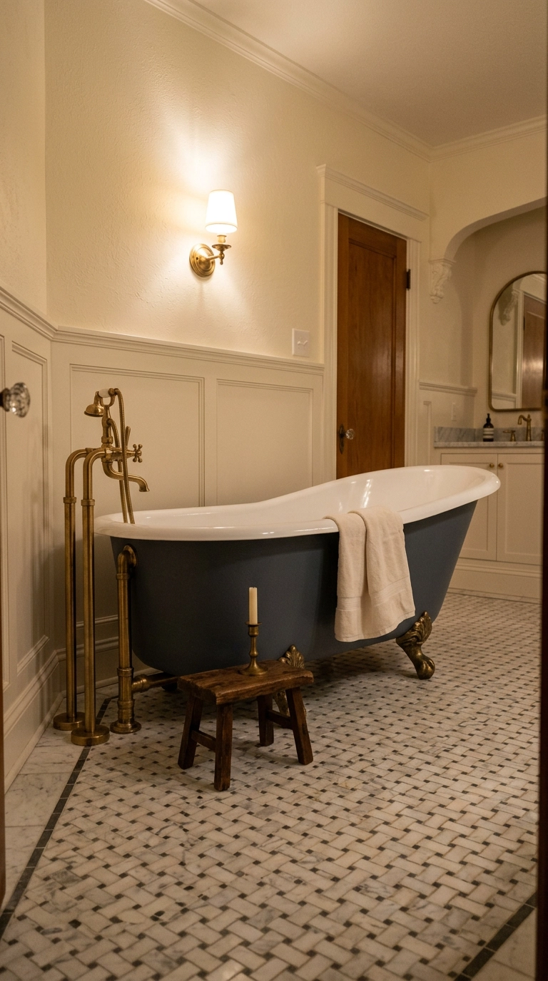 Charcoal blue clawfoot tub with brass feet and filler in a traditional bathroom