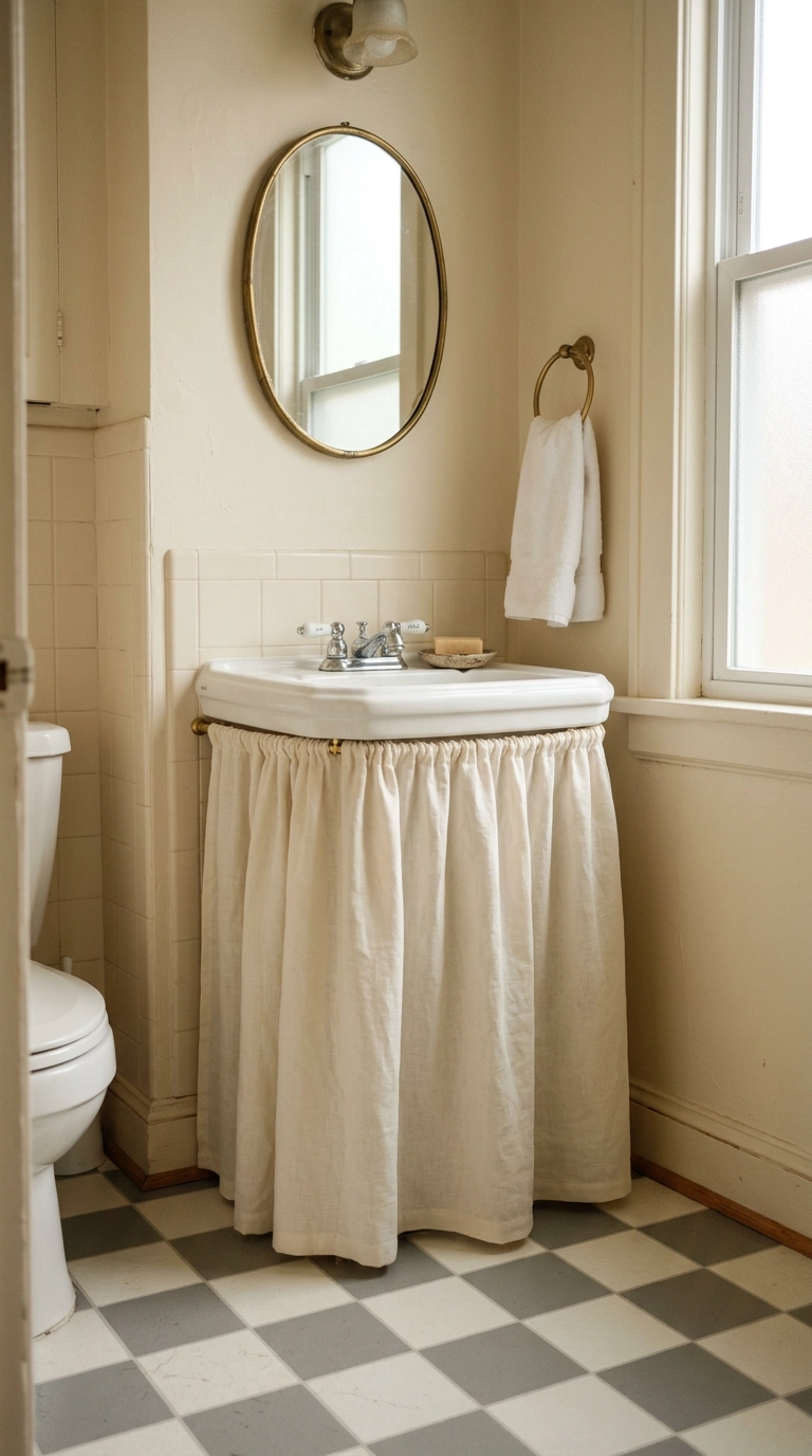 Pedestal sink with a gathered ivory linen skirt in a small traditional bathroom