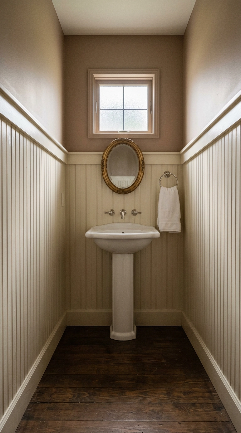 Traditional powder room with white beadboard wainscoting and clay-taupe wall