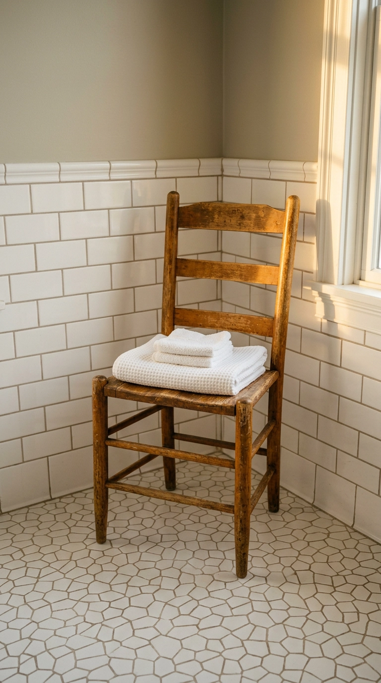 Antique wooden ladder-back chair holding towels in a traditional bathroom