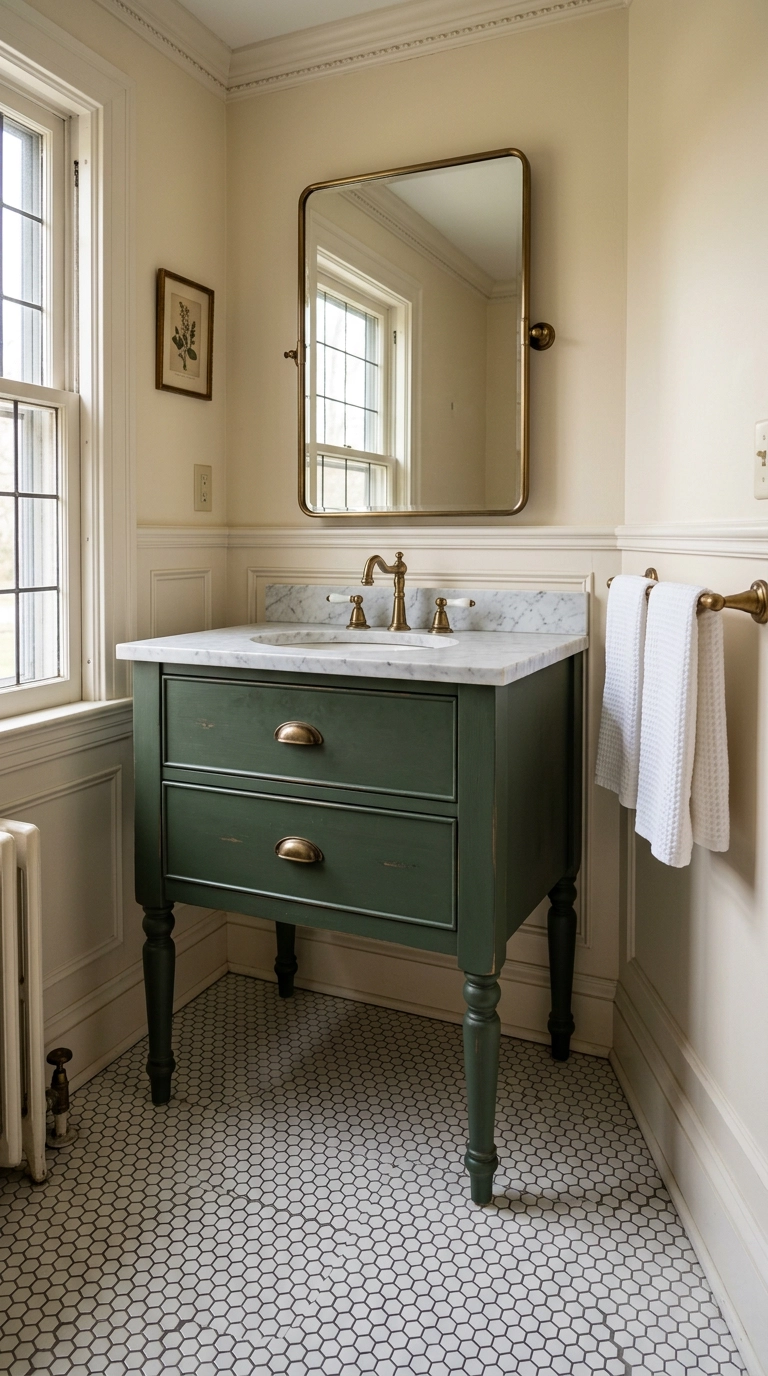 Green furniture-style bathroom vanity with turned legs and marble top