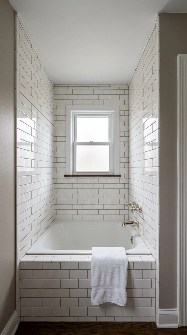 Traditional tub alcove tiled in white subway tile to the ceiling