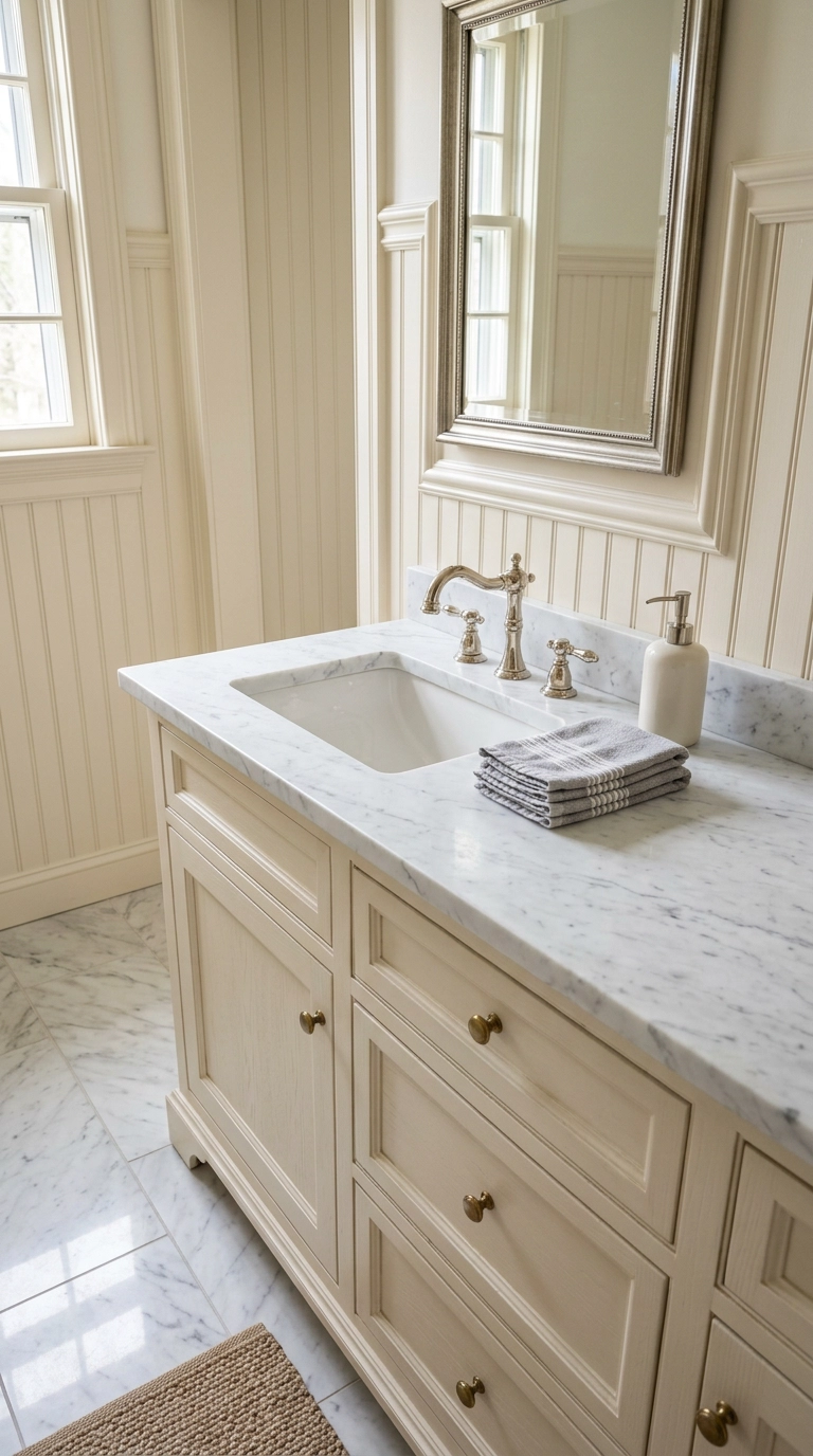 Traditional vanity with honed marble countertop and marble-look porcelain floor