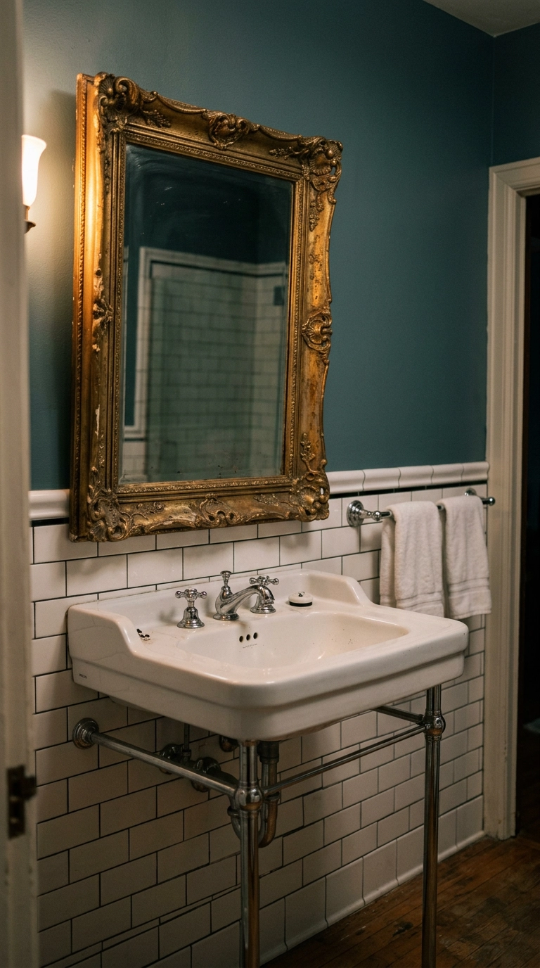 Antique gilt framed mirror above a white console sink in a teal bathroom