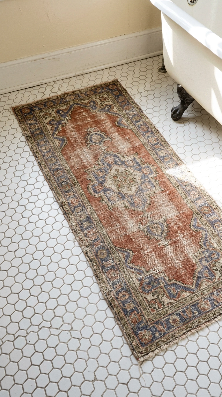Faded vintage wool runner on white hex tile in a traditional bathroom