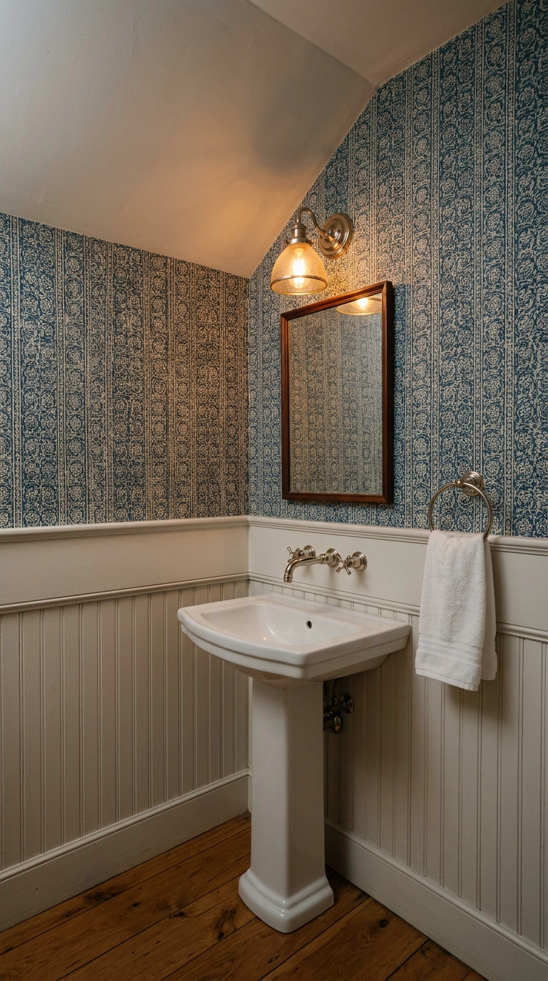 Powder room with small-scale blue block print wallpaper above white beadboard