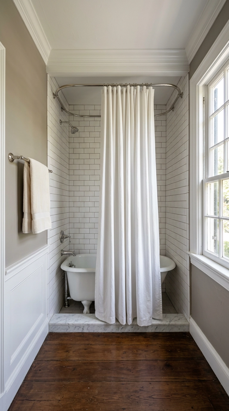 Traditional tub alcove with a floor-to-ceiling white shower curtain on a nickel rod