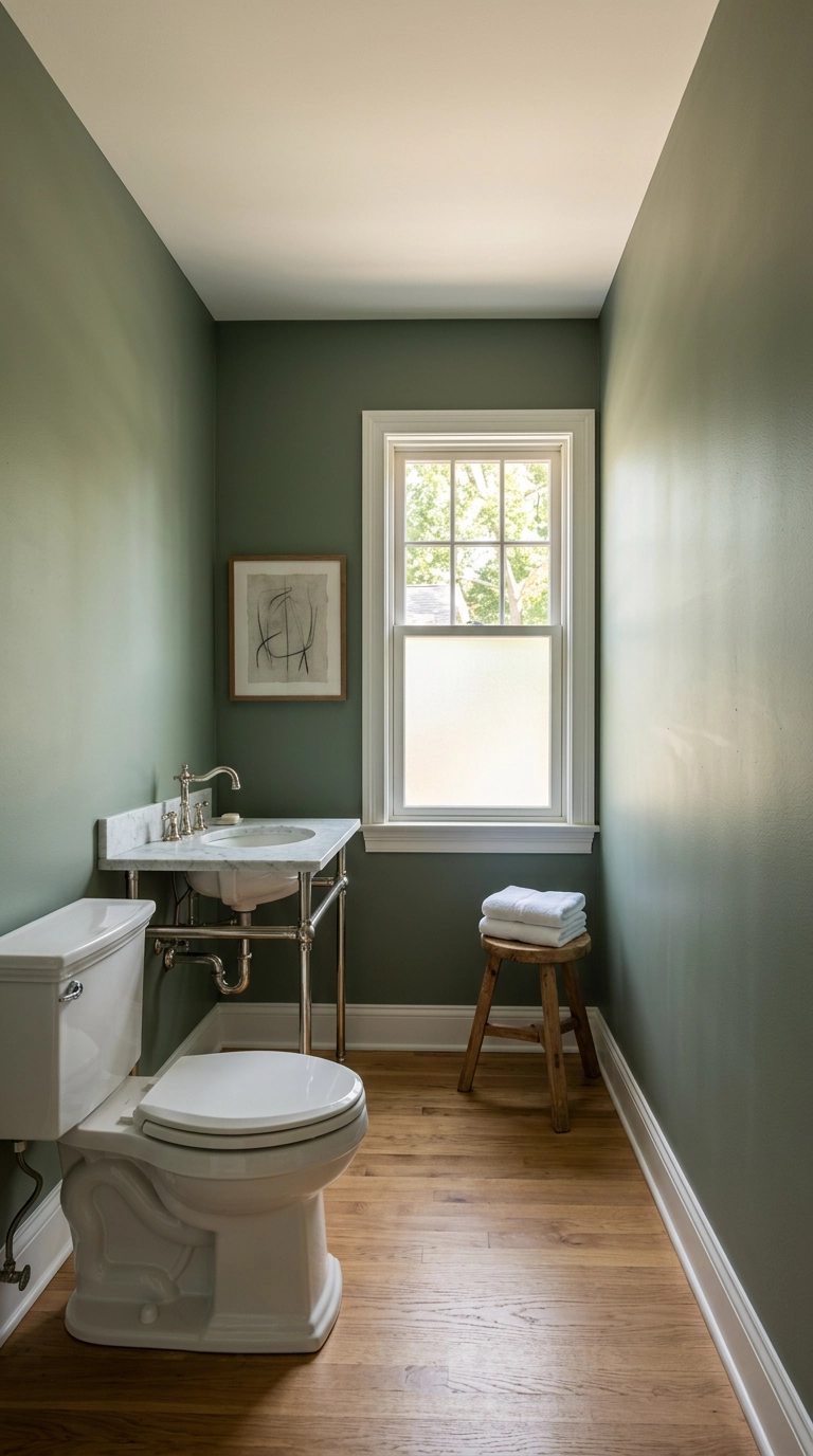Traditional bathroom painted soft historic sage green with warm white trim