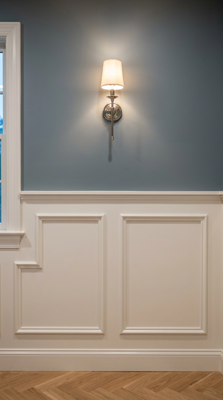 Traditional bathroom wall with chair rail and picture frame panel molding