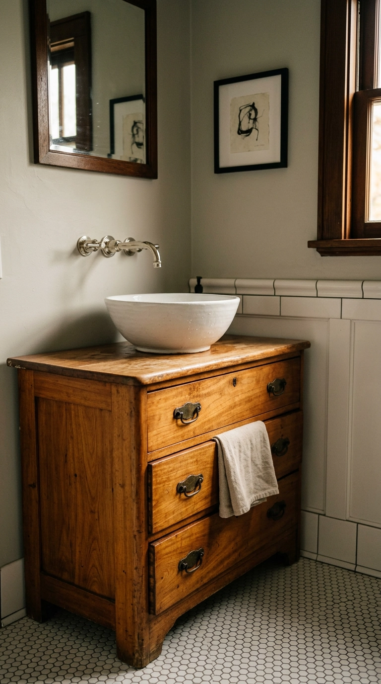 Antique mahogany dresser converted into a traditional bathroom vanity