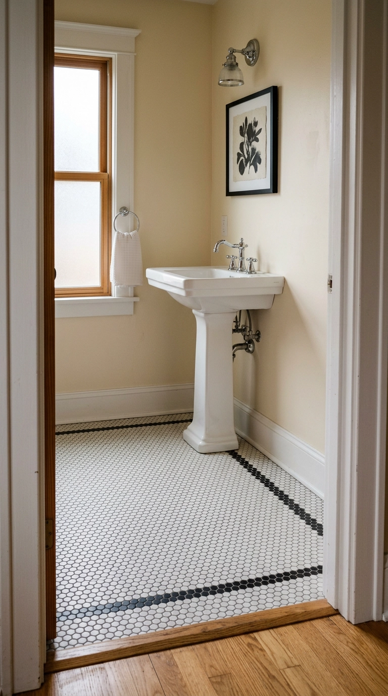 Small traditional bathroom with white hex tile floor and black border